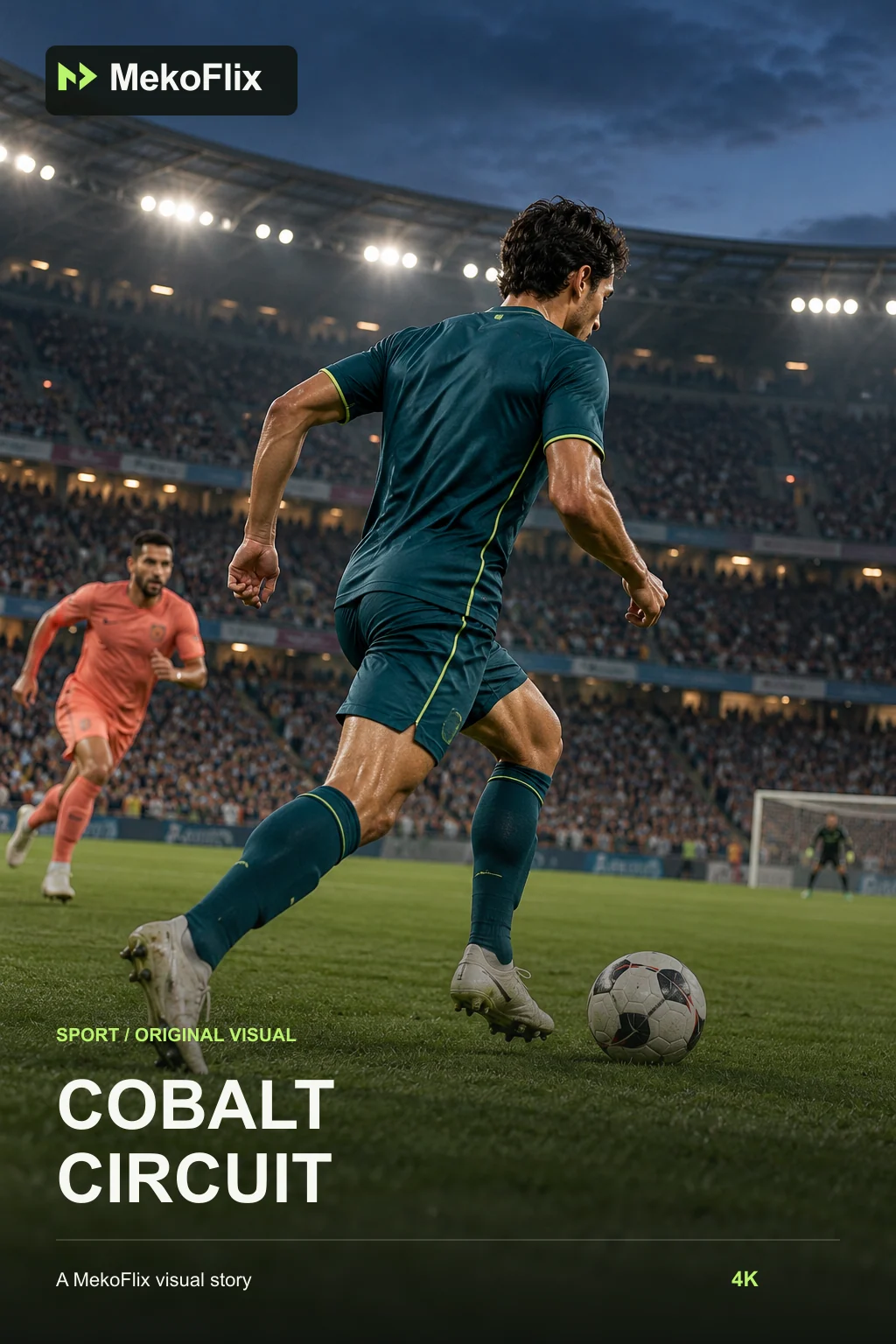 An invented football player in a plain teal kit controls the ball in branded original Cobalt Circuit artwork.
