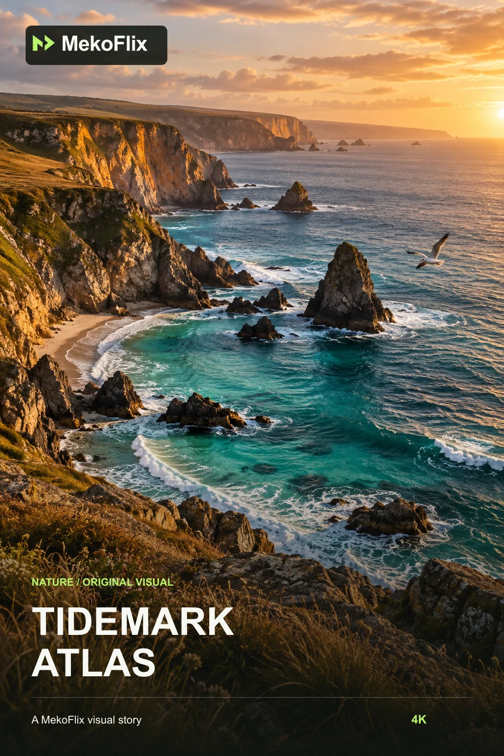 Turquoise water meets sunlit cliffs and dark sea stacks in branded original Tidemark Atlas artwork.