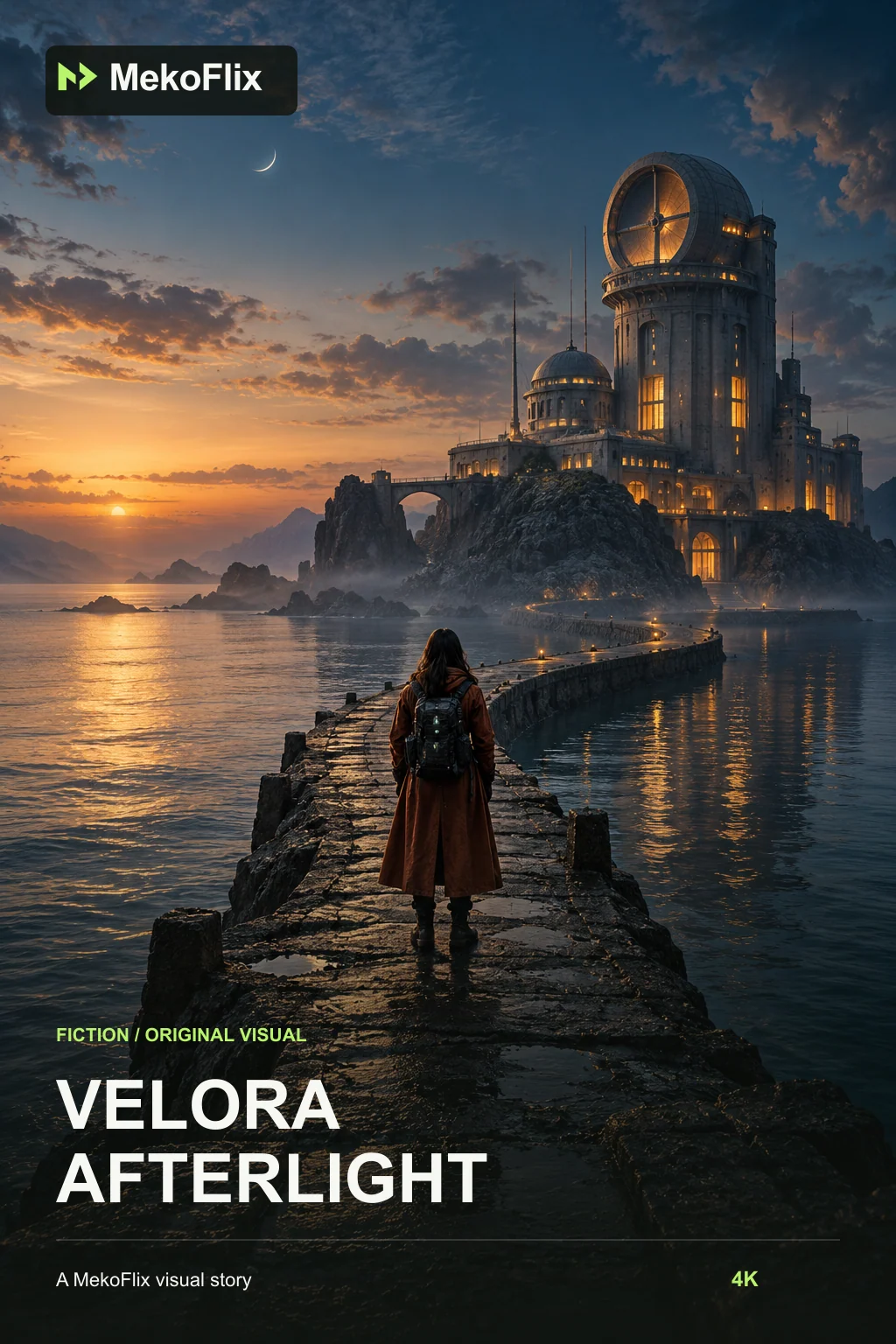 An explorer approaches an illuminated coastal observatory in branded original Velora Afterlight artwork.