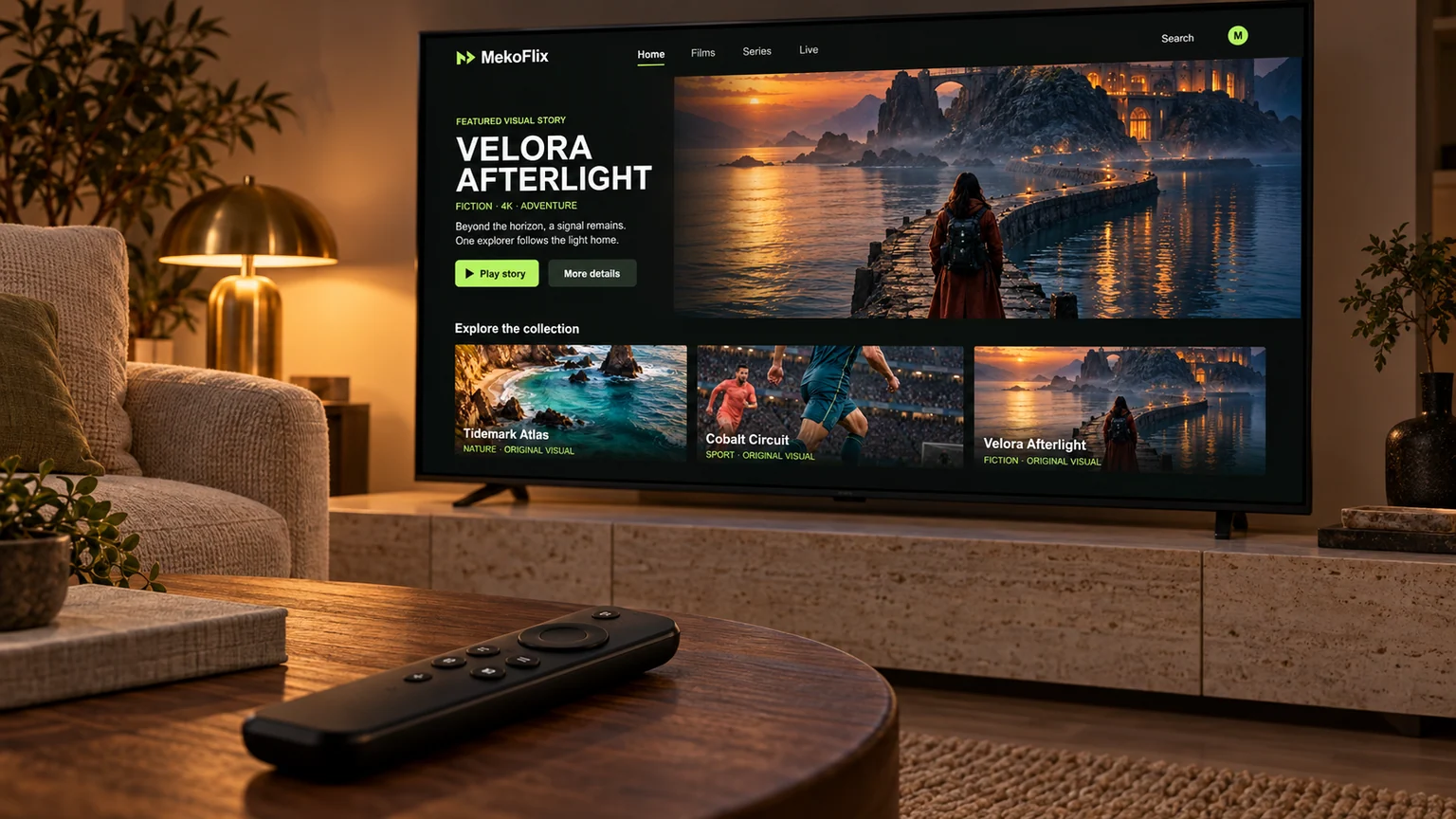 A matte black remote rests on a walnut table in front of a populated MekoFlix television.