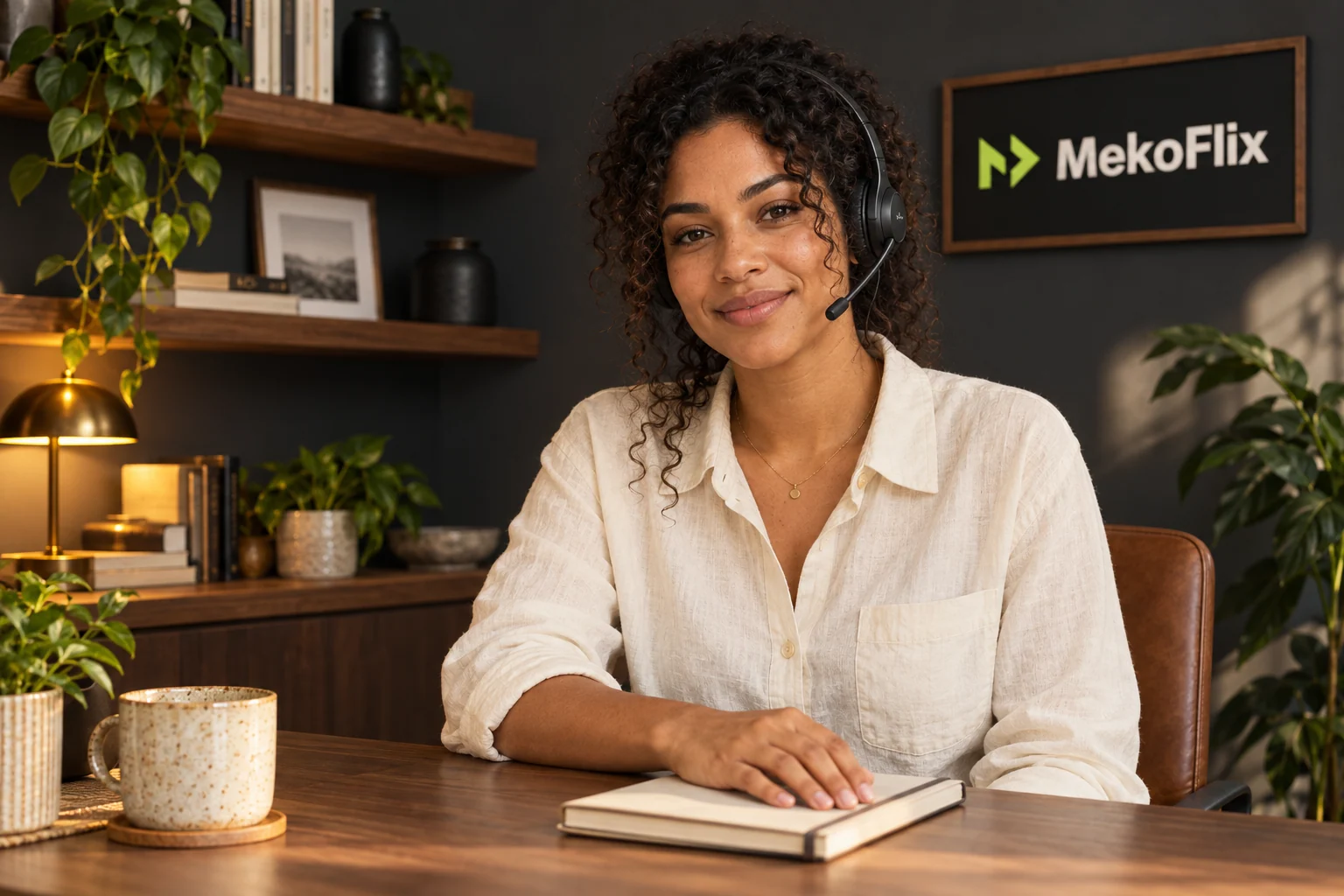 An illustrative support specialist wearing a headset sits at a walnut desk with a MekoFlix sign behind her.